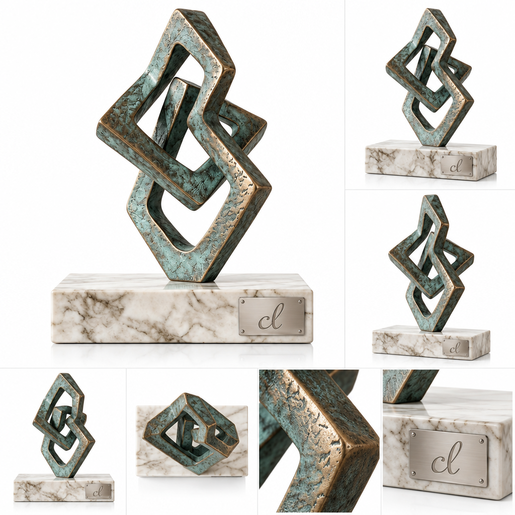clsaoqe Abstract Geometric Bronze Sculpture with Natural Marble Base – Modern Interlocking Tabletop Art Decor for Living Room, Office, Bookshelf