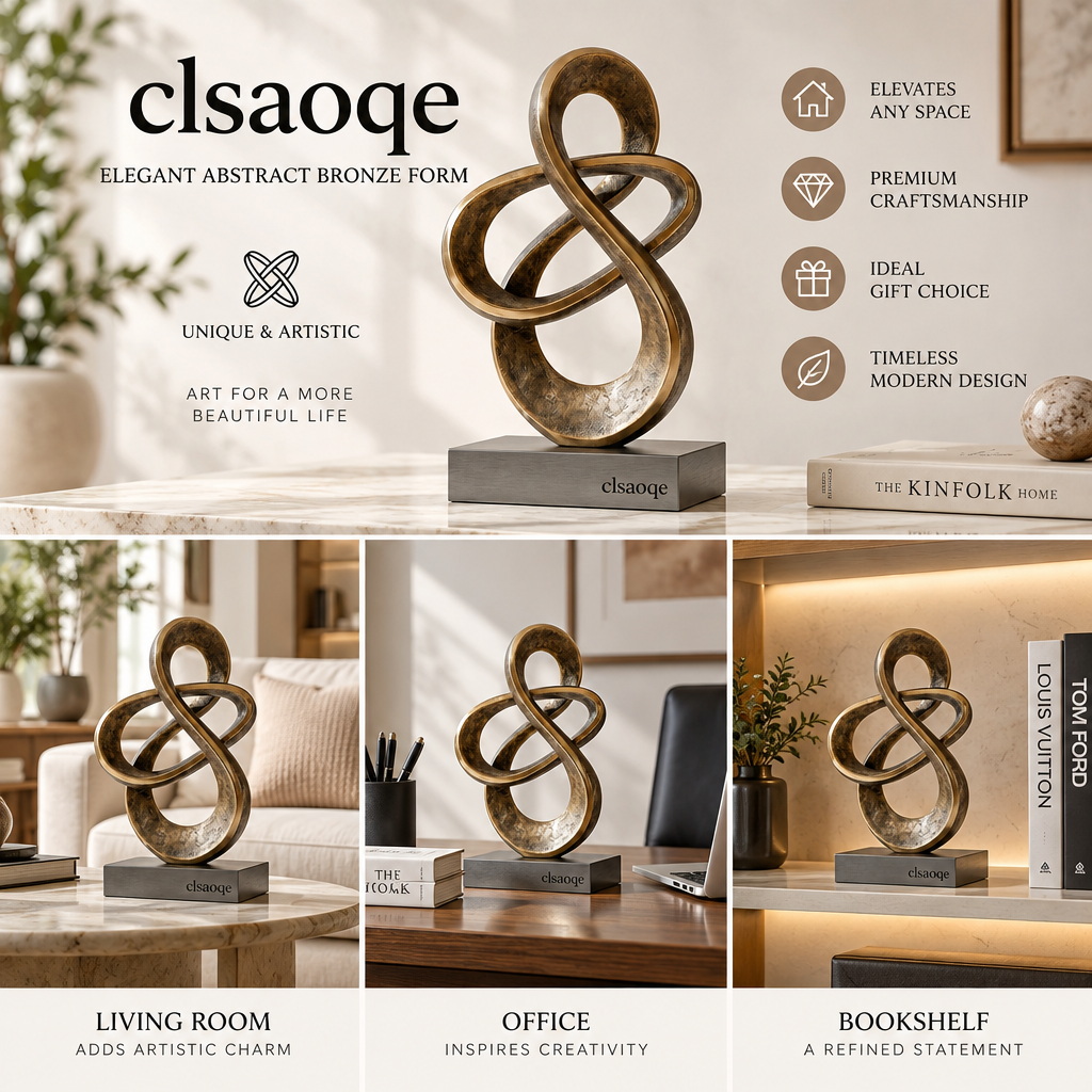 clsaoqe Modern Abstract Infinity Sculpture, Bronze Loop Art Statue with Solid Base, Contemporary Home Decor Accent for Living Room, Bookshelf, Office Desk & Console Table