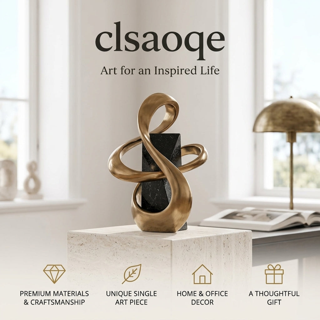 clsaoqe Modern Abstract Ribbon Sculpture - Luxury Brushed Gold Art Statue with Black Marble-Look Base for Living Room, Shelf, Office & Home Decor (11.8 Inch)