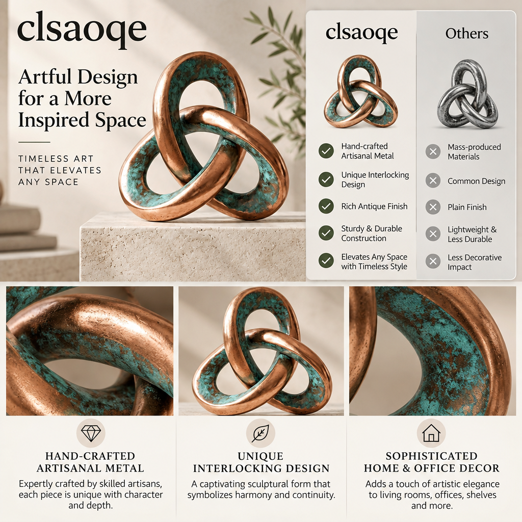 clsaoqe Handcrafted Metal Knot Sculpture, Modern Abstract Interlocking Tabletop Decor for Living Room, Bookshelf, Coffee Table & Office (Rustic Copper & Turquoise Finish, 7.5" x 7.1")