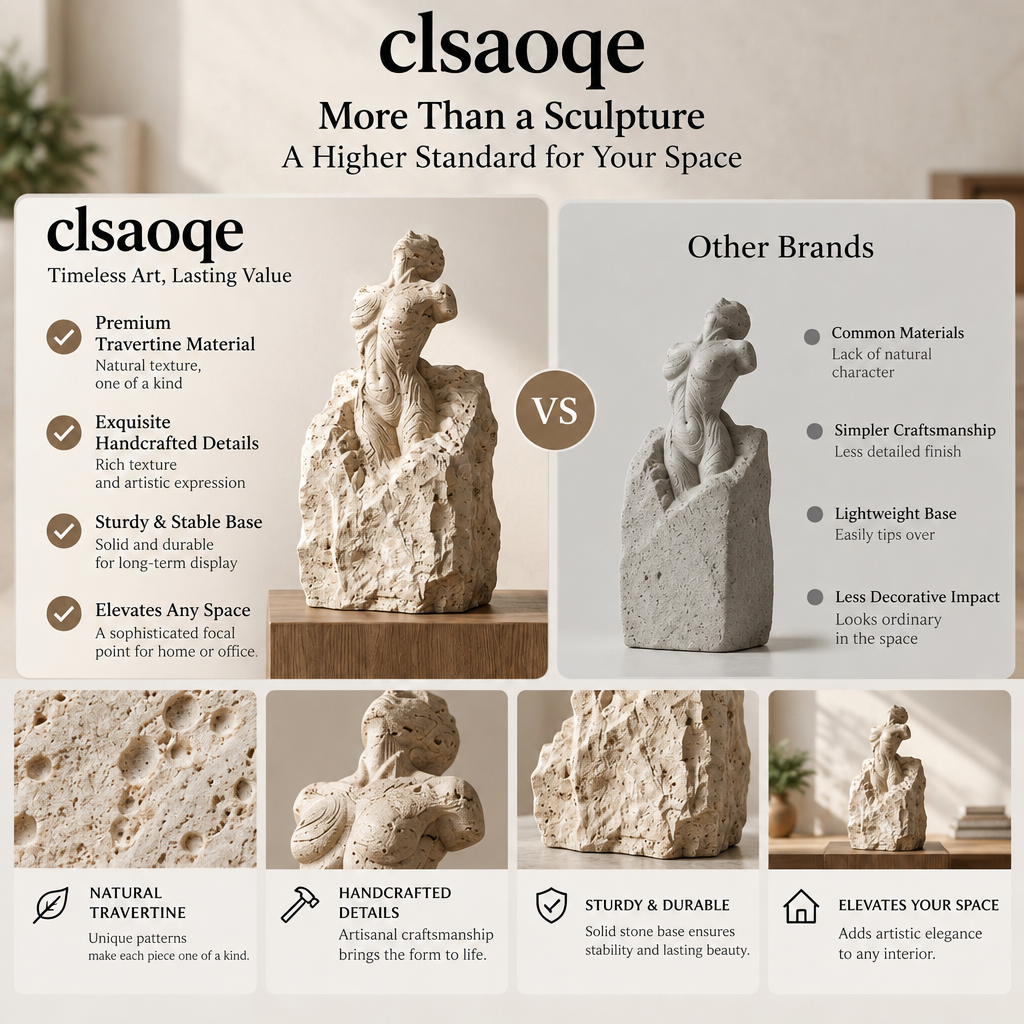 clsaoqe Natural Travertine Torso Sculpture, Handcrafted Abstract Female Body Statue, Modern Raw Stone Aesthetic Art Decor for Living Room, Bookshelf, and Office