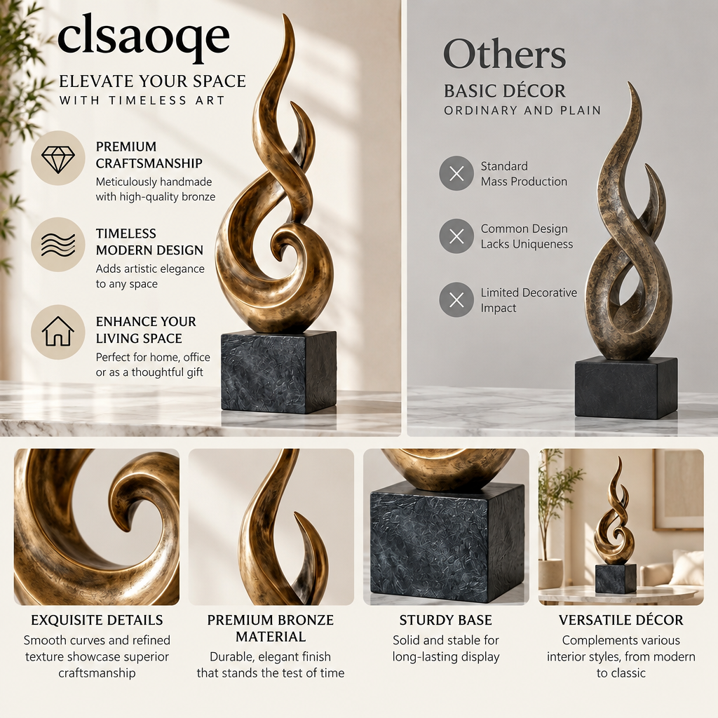 clsaoqe Elegant Spiral Bronze Sculpture - 15.7" Modern Abstract Flame Art Statue with Natural Stone Base & Anti-Scratch Pads, Luxury Centerpiece Decor for Living Room, Office Desk, Entryway