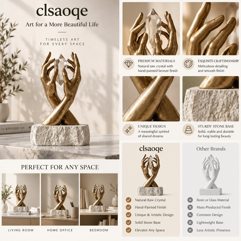 clsaoqe Modern Hands Holding Natural Crystal Sculpture with Solid Stone Base, 11" Hand-Painted Bronze Finish Art Figurine, Aesthetic Tabletop Decor for Living Room, Office & Home