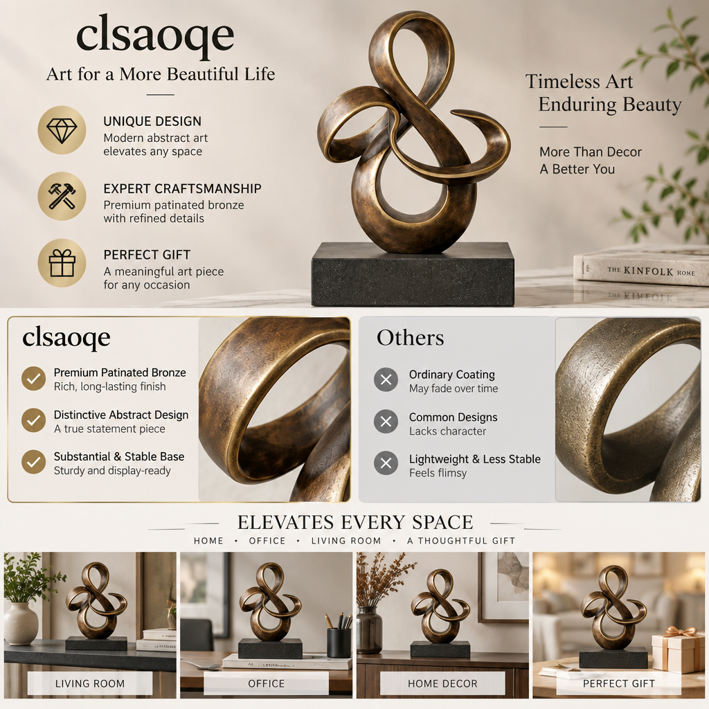 clsaoqe Modern Abstract Ribbon Sculpture - Handcrafted Patinated Bronze Art Statue with Heavy Base for Living Room, Bookshelf & Office Decor, Meaningful Gift for Home Accents