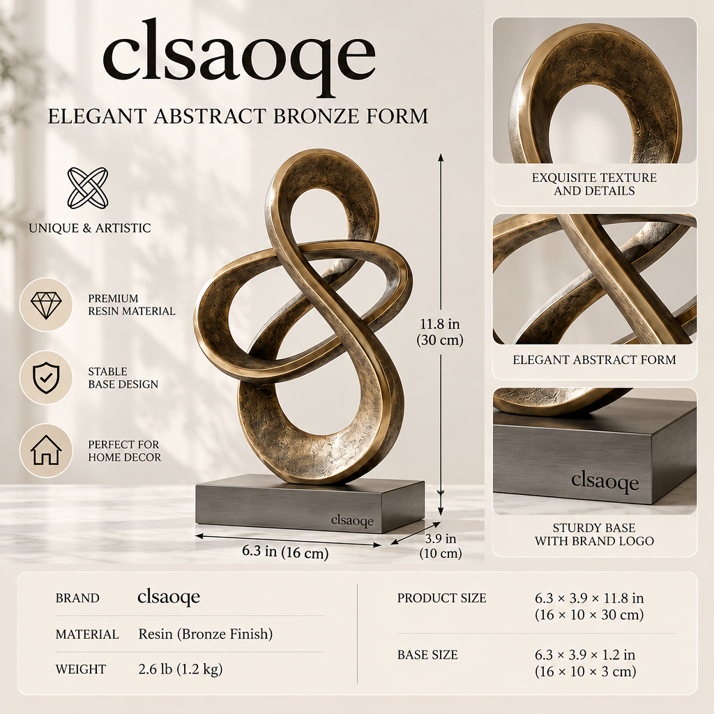 clsaoqe Modern Abstract Infinity Sculpture, Bronze Loop Art Statue with Solid Base, Contemporary Home Decor Accent for Living Room, Bookshelf, Office Desk & Console Table