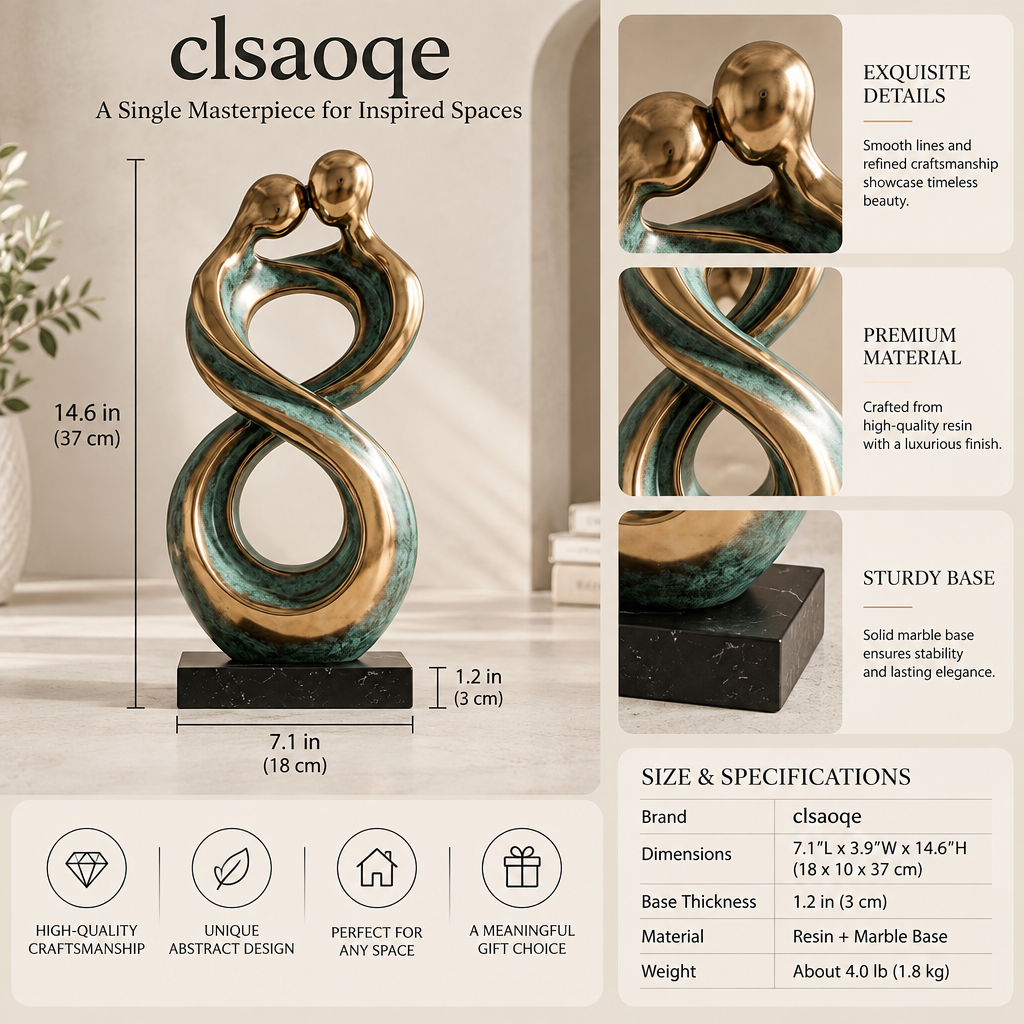 clsaoqe Abstract Couple Infinity Statue - Modern Gold and Antique Green Art Sculpture with Marble Base, Romantic Resin Figurine Home Decor Accent for Living Room, Bookshelf, Bedroom, Wedding & Anniversary Gift
