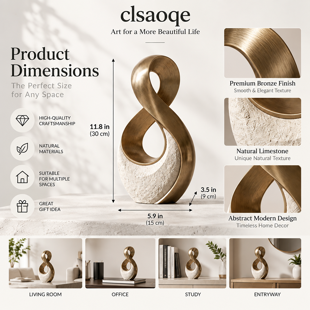 clsaoqe Modern Abstract Infinity Sculpture - Handcrafted Brushed Bronze & Textured Stone Accent Statue, Contemporary Tabletop Centerpiece for Living Room, Entryway, Office Decor