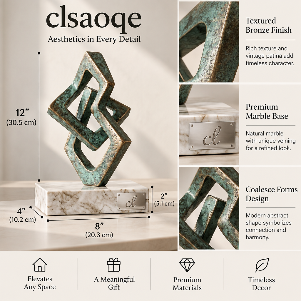 clsaoqe Abstract Geometric Bronze Sculpture with Natural Marble Base – Modern Interlocking Tabletop Art Decor for Living Room, Office, Bookshelf