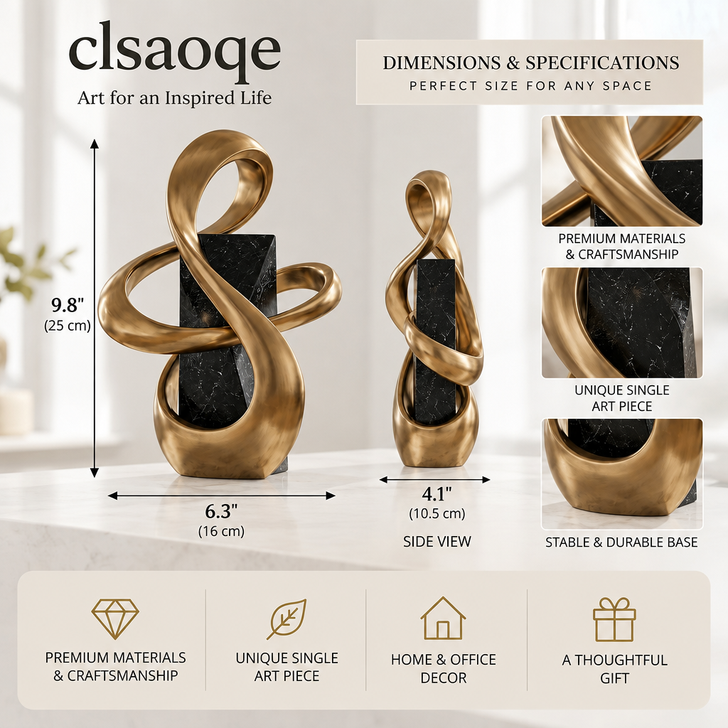 clsaoqe Modern Abstract Ribbon Sculpture - Luxury Brushed Gold Art Statue with Black Marble-Look Base for Living Room, Shelf, Office & Home Decor (11.8 Inch)