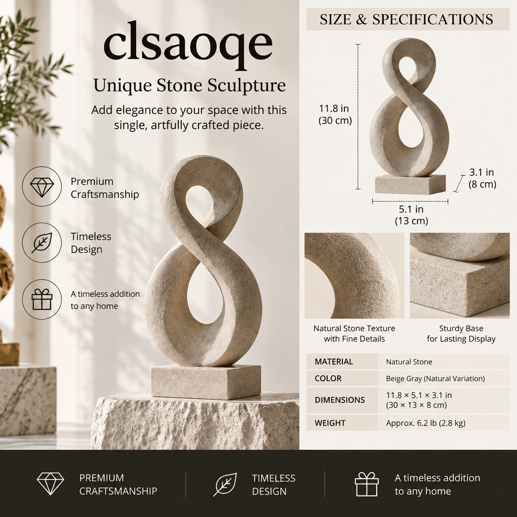 clsaoqe Modern Natural Stone Abstract Sculpture, Minimalist Infinity Loop Art Decor for Living Room, Bookshelf, Entryway, Coffee Table Centerpiece