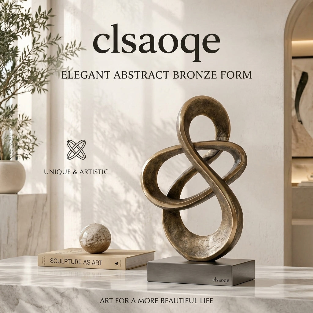 clsaoqe Modern Abstract Infinity Sculpture, Bronze Loop Art Statue with Solid Base, Contemporary Home Decor Accent for Living Room, Bookshelf, Office Desk & Console Table