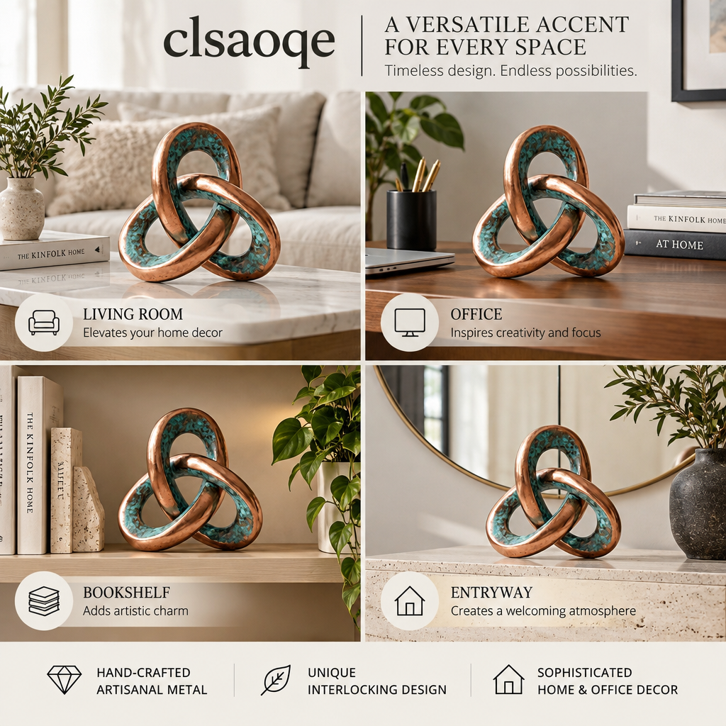 clsaoqe Handcrafted Metal Knot Sculpture, Modern Abstract Interlocking Tabletop Decor for Living Room, Bookshelf, Coffee Table & Office (Rustic Copper & Turquoise Finish, 7.5" x 7.1")
