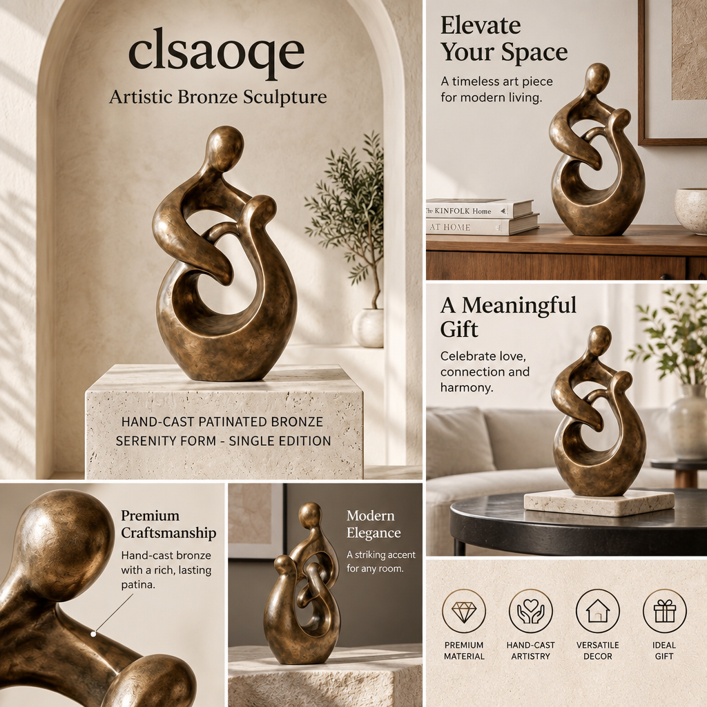 clsaoqe Artistic Bronze Sculpture - Modern Abstract Love & Family Statue, Hand-Cast Bronze Figurine Home Decor for Living Room, Office, Bookshelf, Mantel (11.8 Inch)