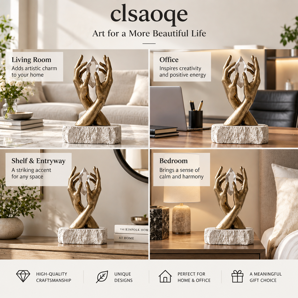 clsaoqe Modern Hands Holding Natural Crystal Sculpture with Solid Stone Base, 11" Hand-Painted Bronze Finish Art Figurine, Aesthetic Tabletop Decor for Living Room, Office & Home