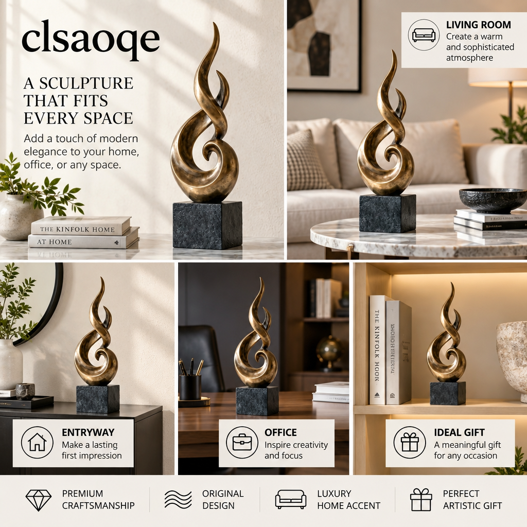 clsaoqe Elegant Spiral Bronze Sculpture - 15.7" Modern Abstract Flame Art Statue with Natural Stone Base & Anti-Scratch Pads, Luxury Centerpiece Decor for Living Room, Office Desk, Entryway