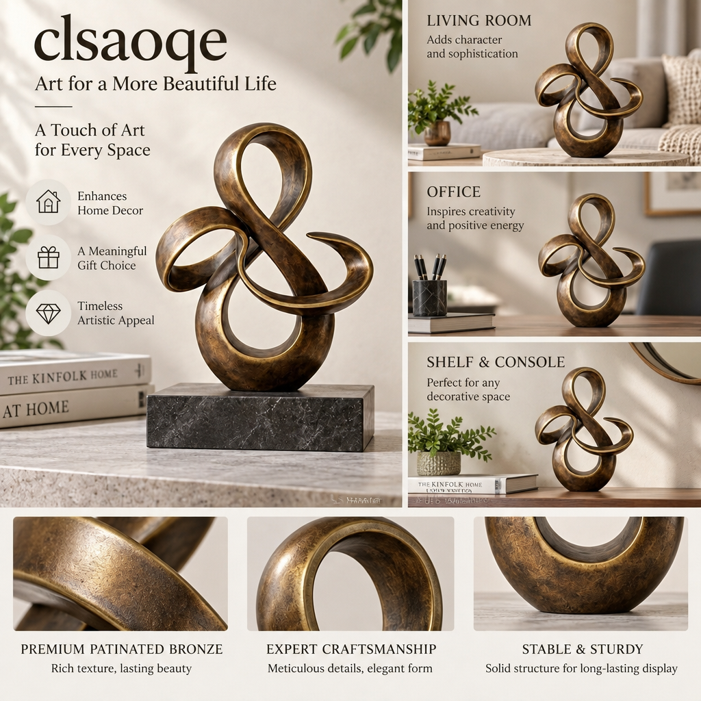 clsaoqe Modern Abstract Ribbon Sculpture - Handcrafted Patinated Bronze Art Statue with Heavy Base for Living Room, Bookshelf & Office Decor, Meaningful Gift for Home Accents